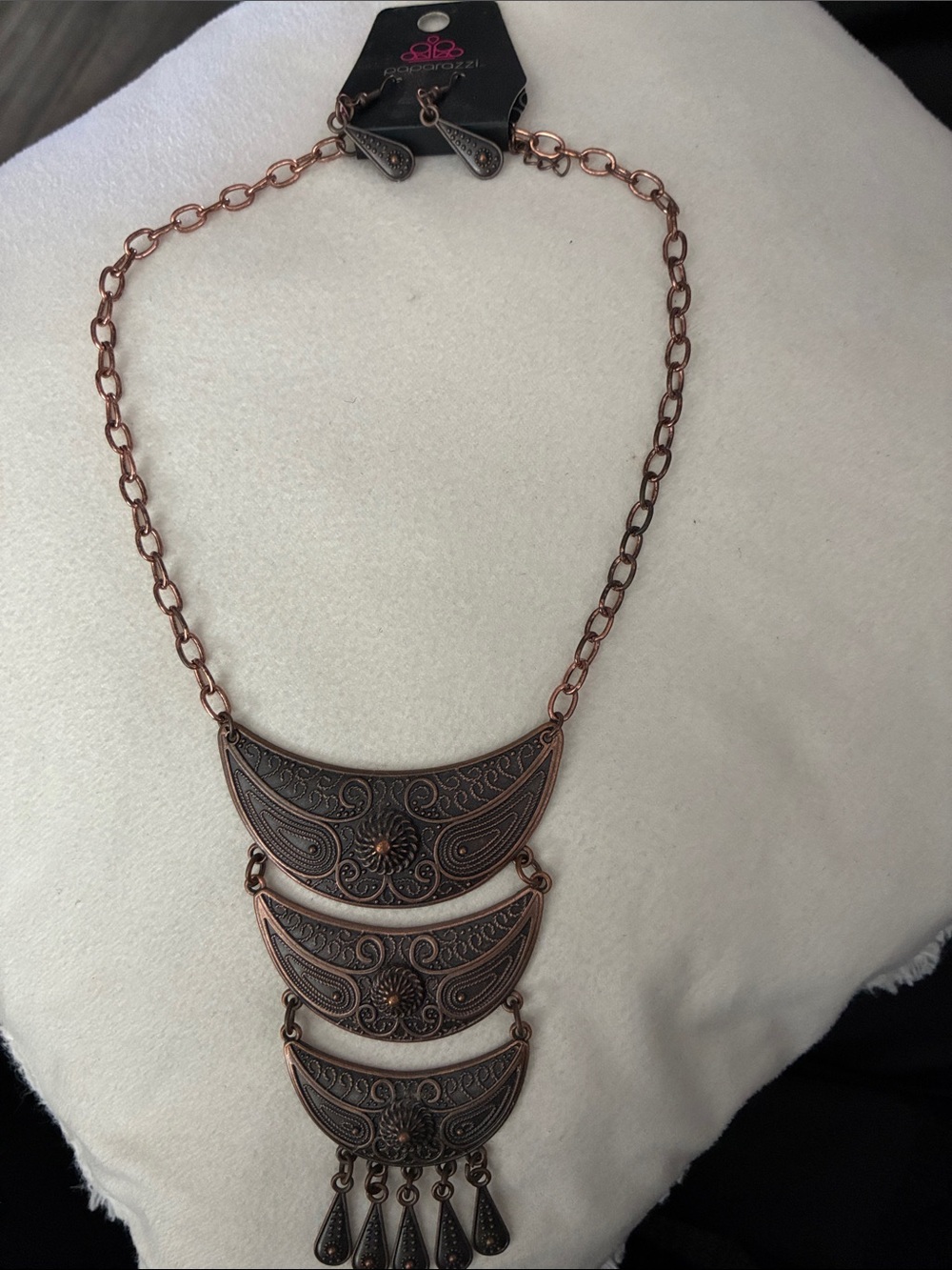 paparazzi Rose Copper Filigree Tiered Crescent Necklace